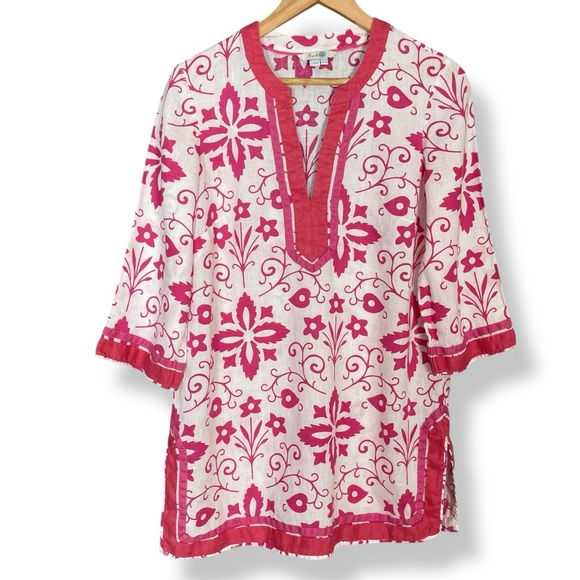 Boden Cleo Kaftan Tunic Cover-Up Mini-Dress Top White Pink Floral Size‎ 6R Women - Picture 2 of 12
